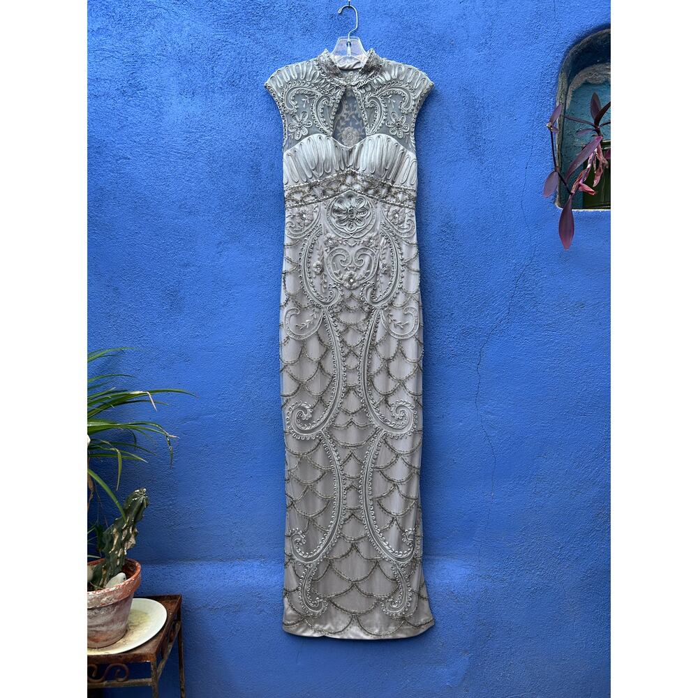 Sue Wong Silver Beaded Embellished Maxi Gown